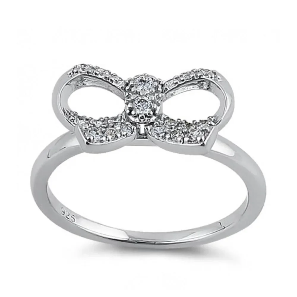 Sterling Silver Clear Bow Ribbon CZ Ring New